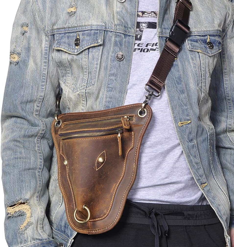 Leather Waist Pack Drop Leg Bag for Men Women Belt Bumbag Multi-Purpose Motorcycle Bike Outdoor Sports Tactical Cycling Riding Hiking Camping Pouch