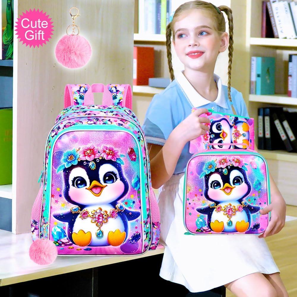 16" Girls Backpack, 16" Kids Bookbag with Lunch Box，Penguin School Backpacks for Elementary Preschool Kindergarten (Pink)