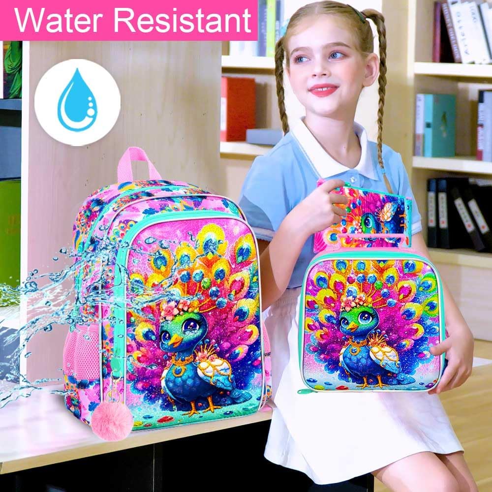 16" Backpack for Girls, 3Pcs Peacock Kids Bookbag for Elementary Preschool Kindergarten, School Backpacks with Lunch Box(Pink)