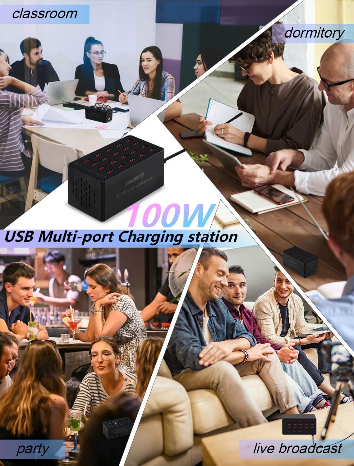 100W 20Port USB Charging Station, Multi USB Charger for Multiple Devices, Black