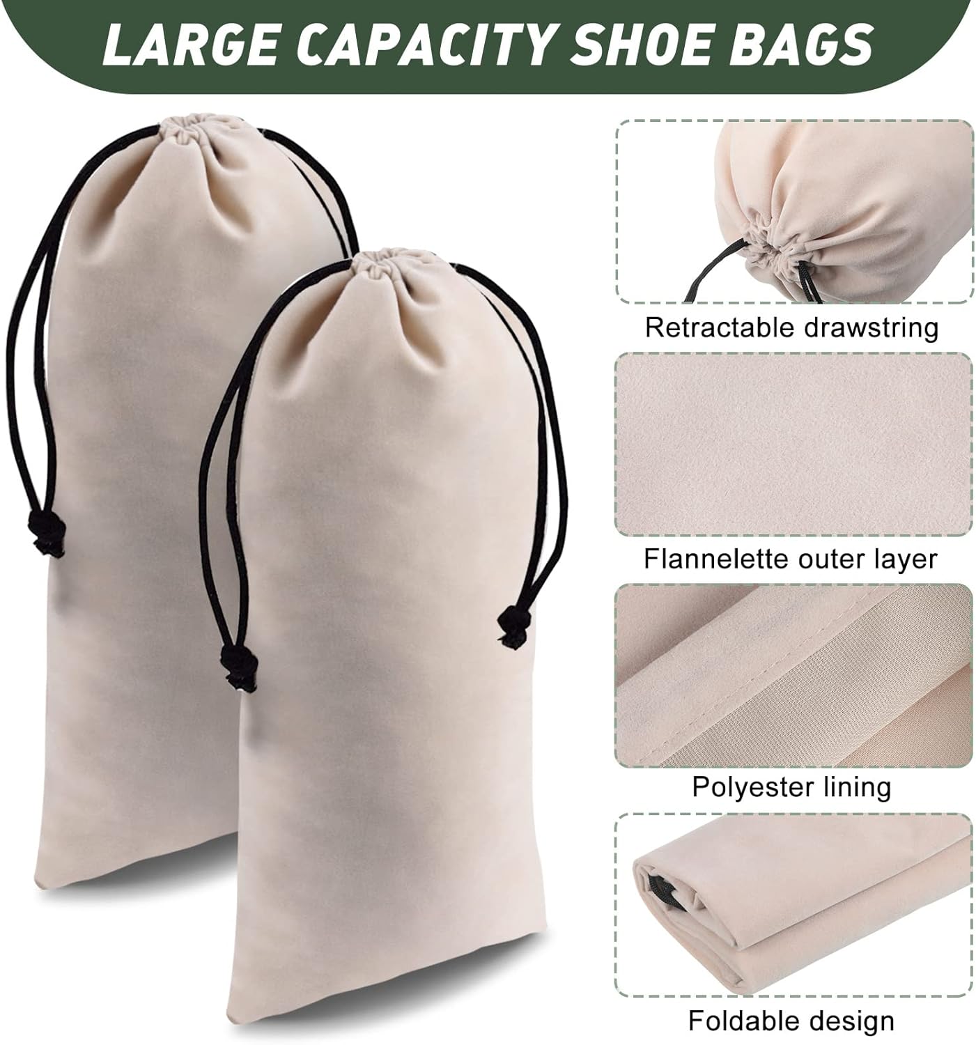 12 Pcs Shoe Dust Bags Beige Duster Flannel Single Shoe Pouch with Drawstring Closure Washable Breathable Shoe Covers for Travel Home Luggage Handbags, 8 x 17 Inches