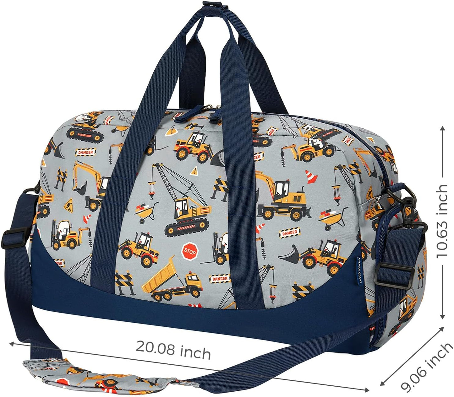 Choco Mocha Kids Duffle Bag Boys - Construction Weekender Overnight Bags for Boy, Gray
