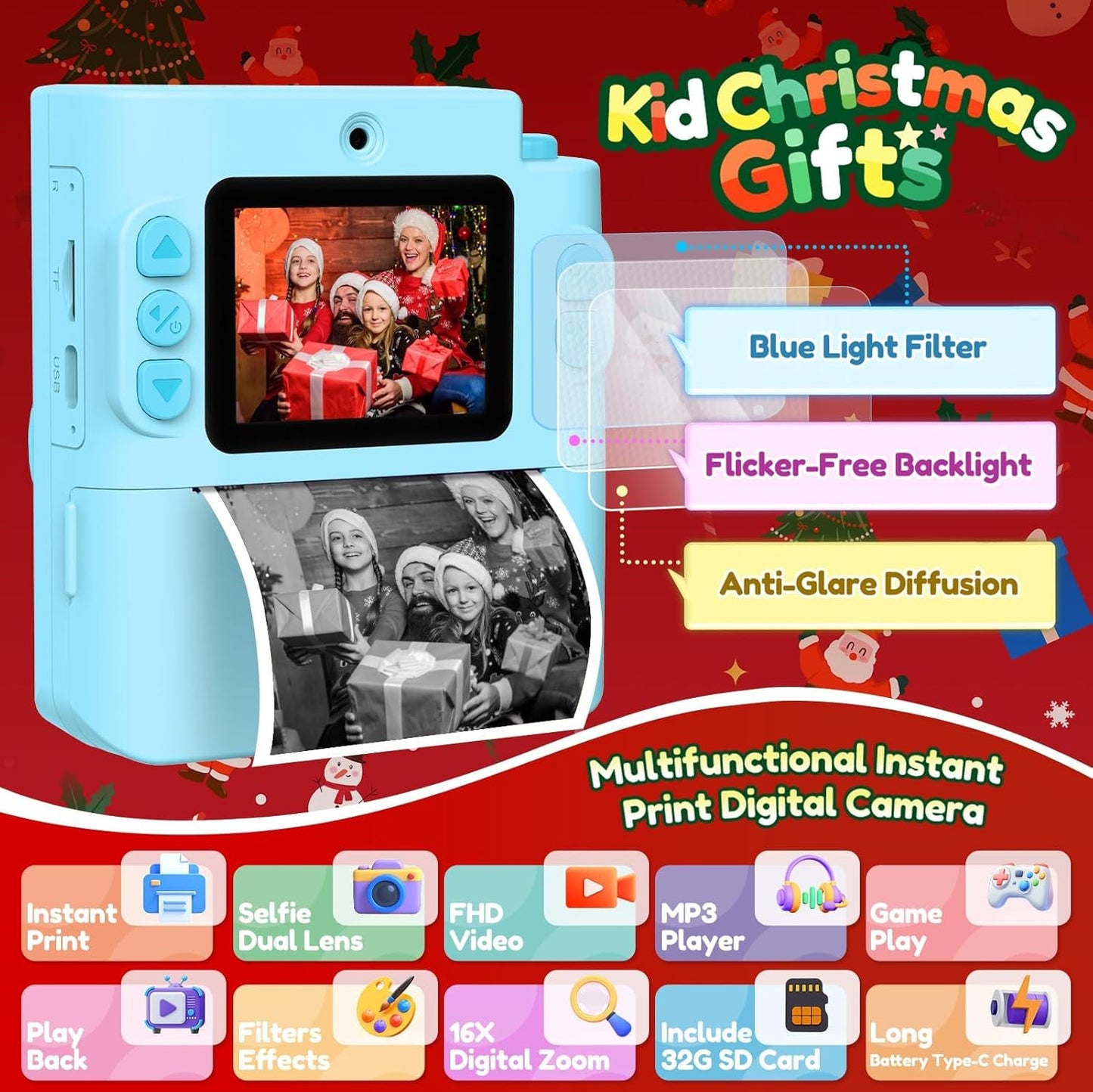 Kids Camera Gift for Boys Girls: Digital Camera Instant Print Support Dual HD Video Toys for Kids Teen Boys Girls Ages 3 4 5 6 7 8 9 10 11 12 Birthday Christmas Valentines Gifts with 32G SD Card Blue