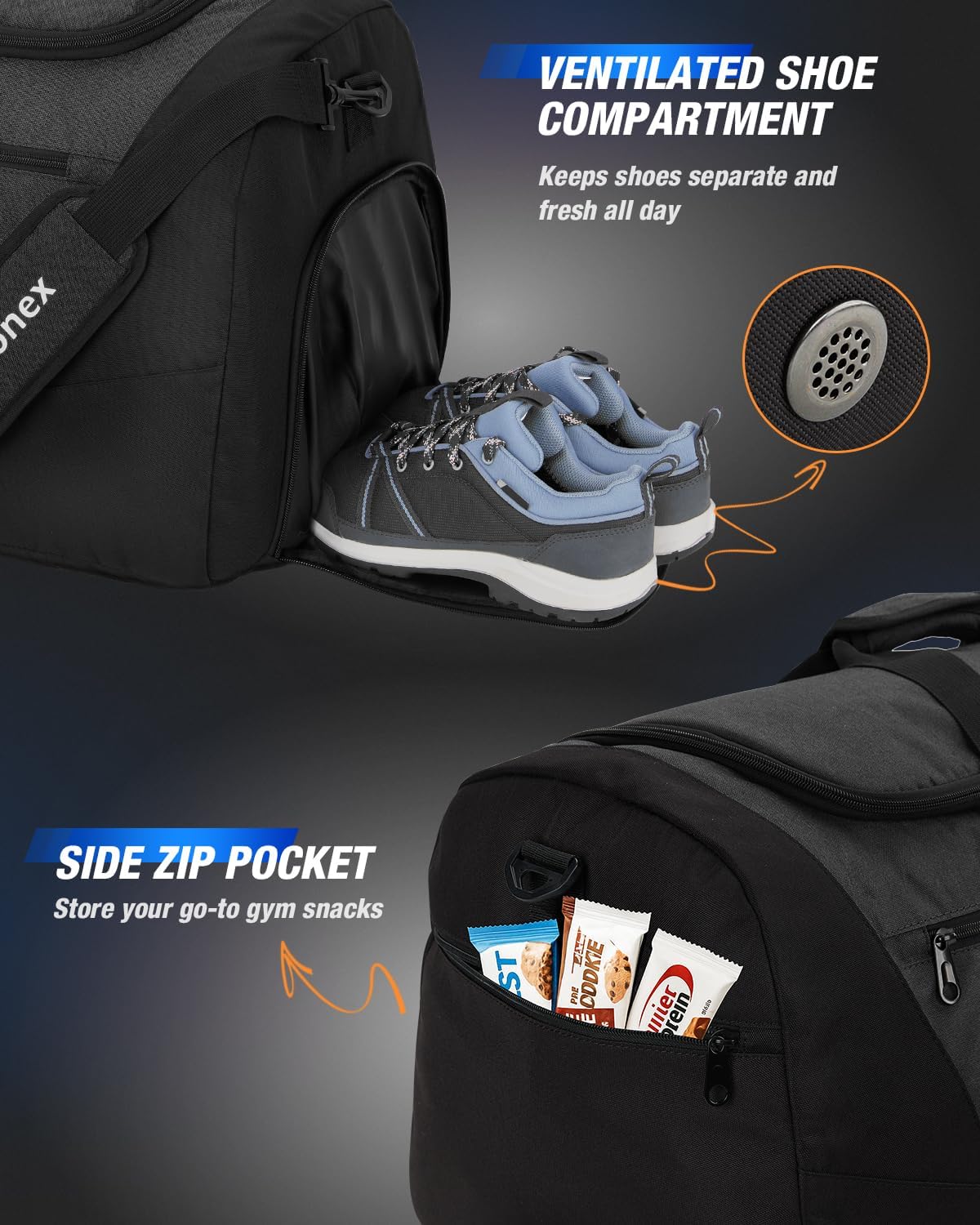 Gonex Gym Duffel Bag with Shoe Compartment Wet Pocket, Large Capacity Sports Duffle Bag for Men Women, Workout & Travel Bag with Multiple Pockets, Black, Large (100L)