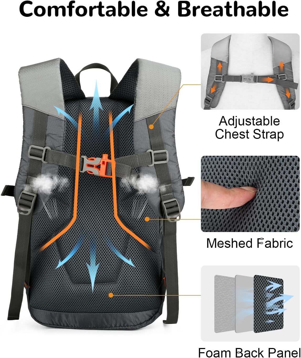 15L Small Padded Hiking Backpack with Chest Strap for Men Women, Lightweight Waterproof Daypack for Travel, Gray