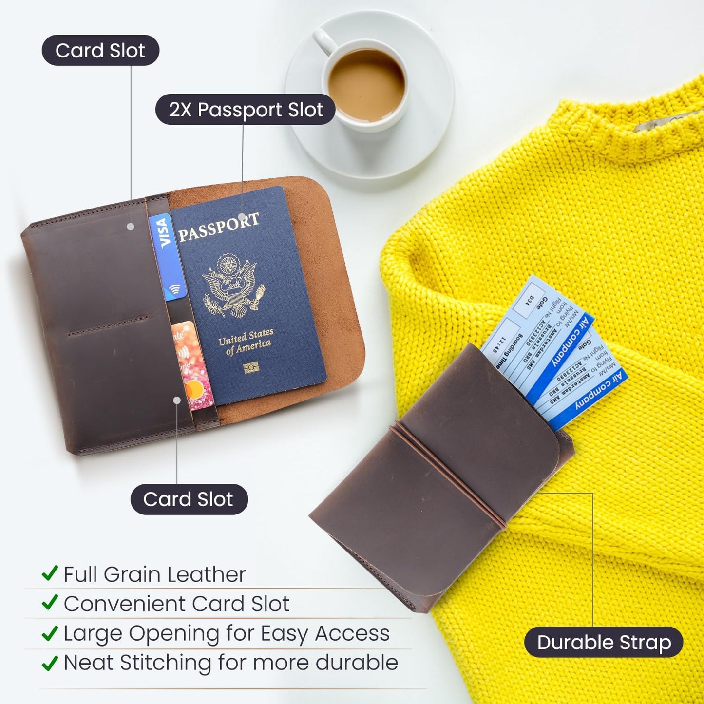 Leather Passport Holder with Travel Wallet, Genuine Leather Passport Cover- Passport Wallet, Leather Folding Wallet for Passports (Strap, Dark Brown)