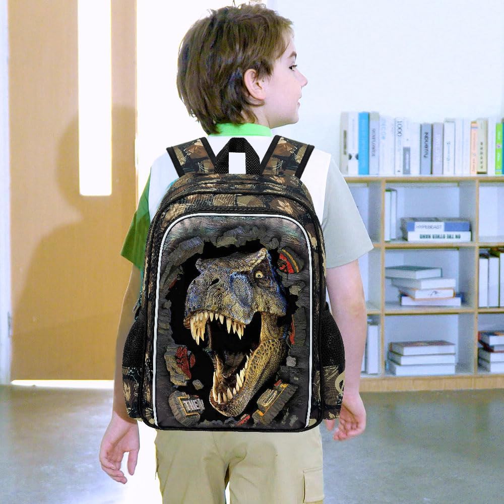 16" Dinosaur Backpack for Boy, 3Pcs Kids School Bookbag for Elementary Preschool Kindergarten, School Backpacks with Lunch Box(Black)