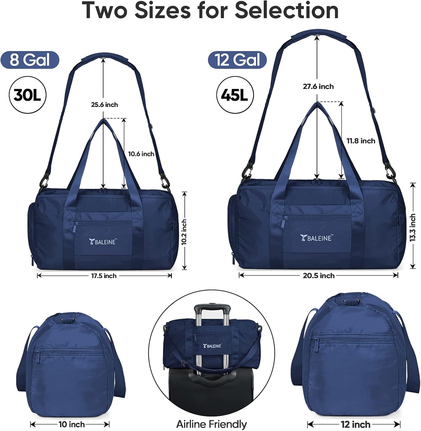 BALEINE Gym Bag for Women and Men, Duffel Bag for Sports, Gyms and Weekend Getaway, Waterproof Dufflebag with Shoe and Wet Clothes Compartments, Lightweight Carryon Gymbag (Blue)