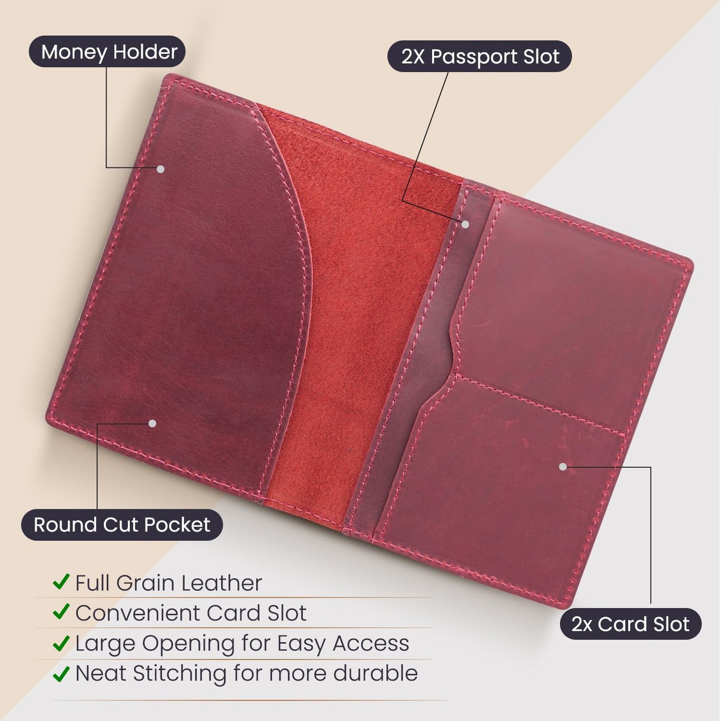 Leather Passport Holder with Travel Wallet, Genuine Leather Passport Cover- Passport Wallet, Leather Folding Wallet for Passports (Oval Cut, Red)