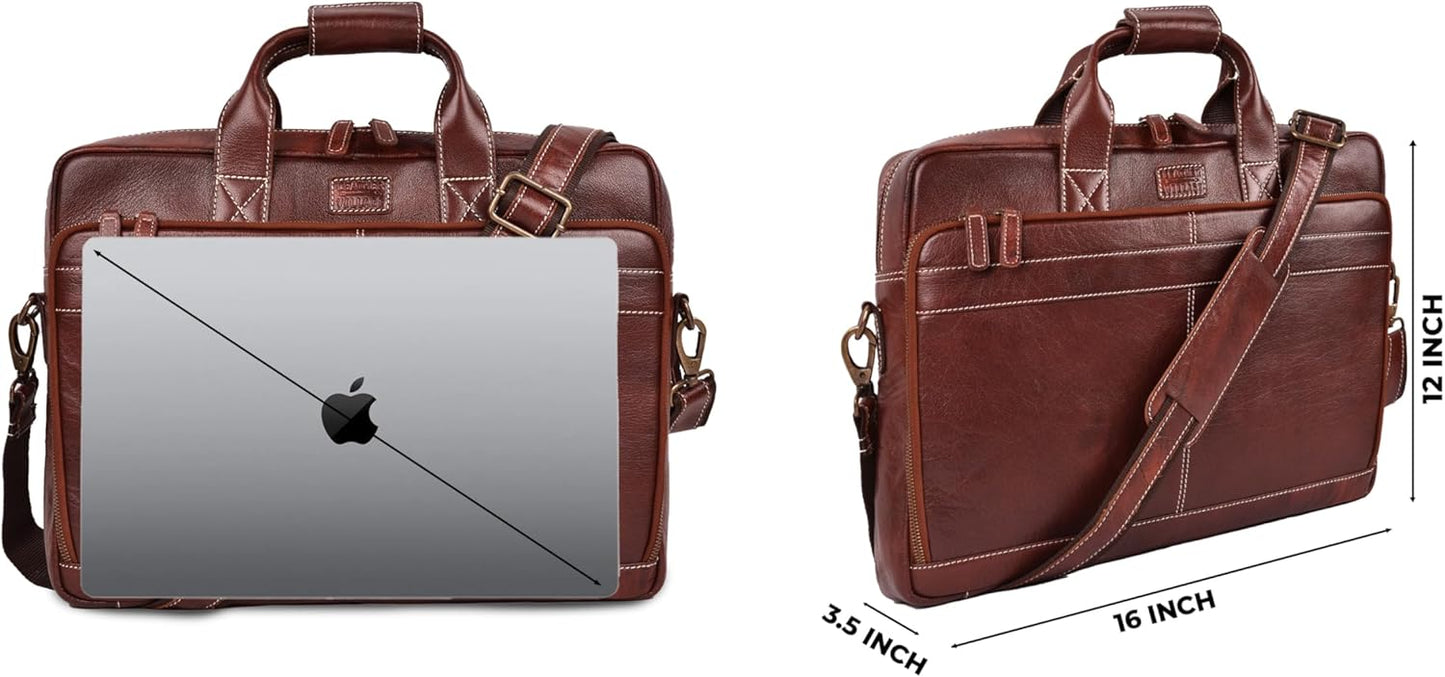 LEATHER VILLAGE 16" Leather Laptop Messenger Briefcase Bag for Men-Leather Satchel for Travel and Office Shoulder Bag-Red Brown