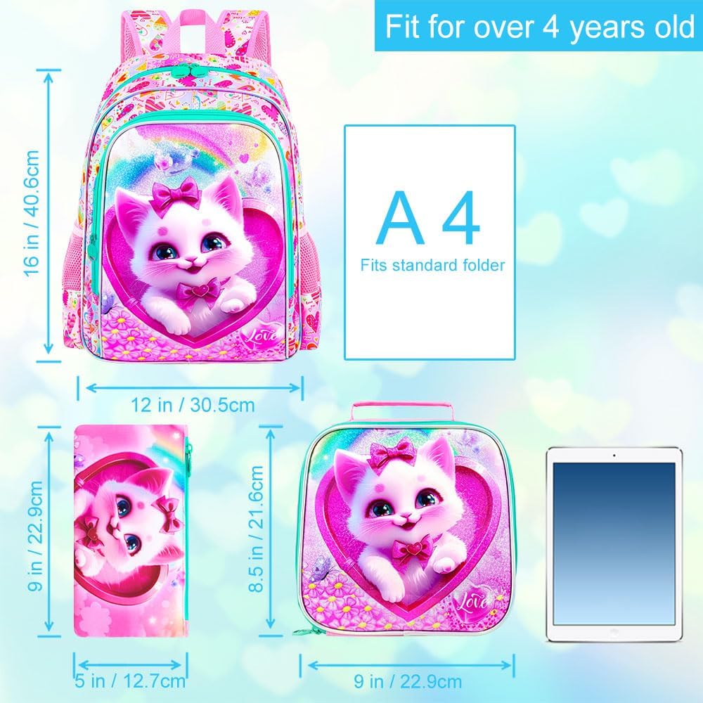 16" Backpack for Girls Boys 4-8, 3Pcs Kids Bookbag Set with Lunch Box, School Bag for Preschool Kindergarten