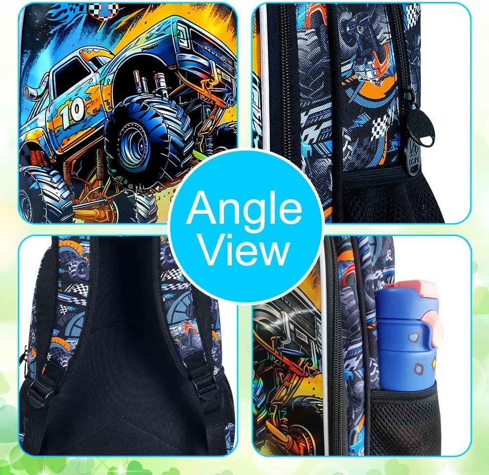 16" Truck Backpack for Boy, 3Pcs Car School Backpacks with Lunch Box, Kids Bookbag for Elementary Preschool Kindergarten(Black)