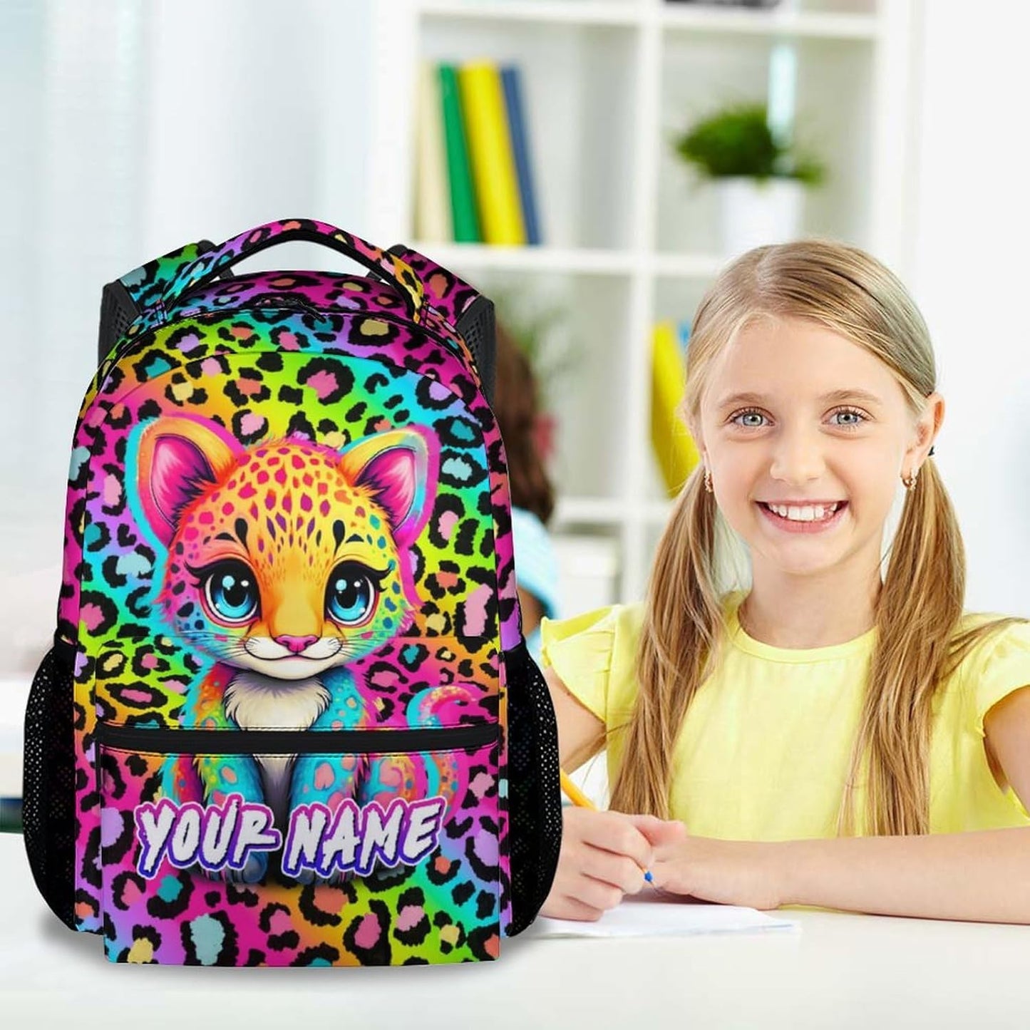 Custom School Backpack for Girls - 17 Inch Kids Cheetah Backpacks Ages 6-8 - Cute Rainbow Leopard Print School Bag for Kindergarten