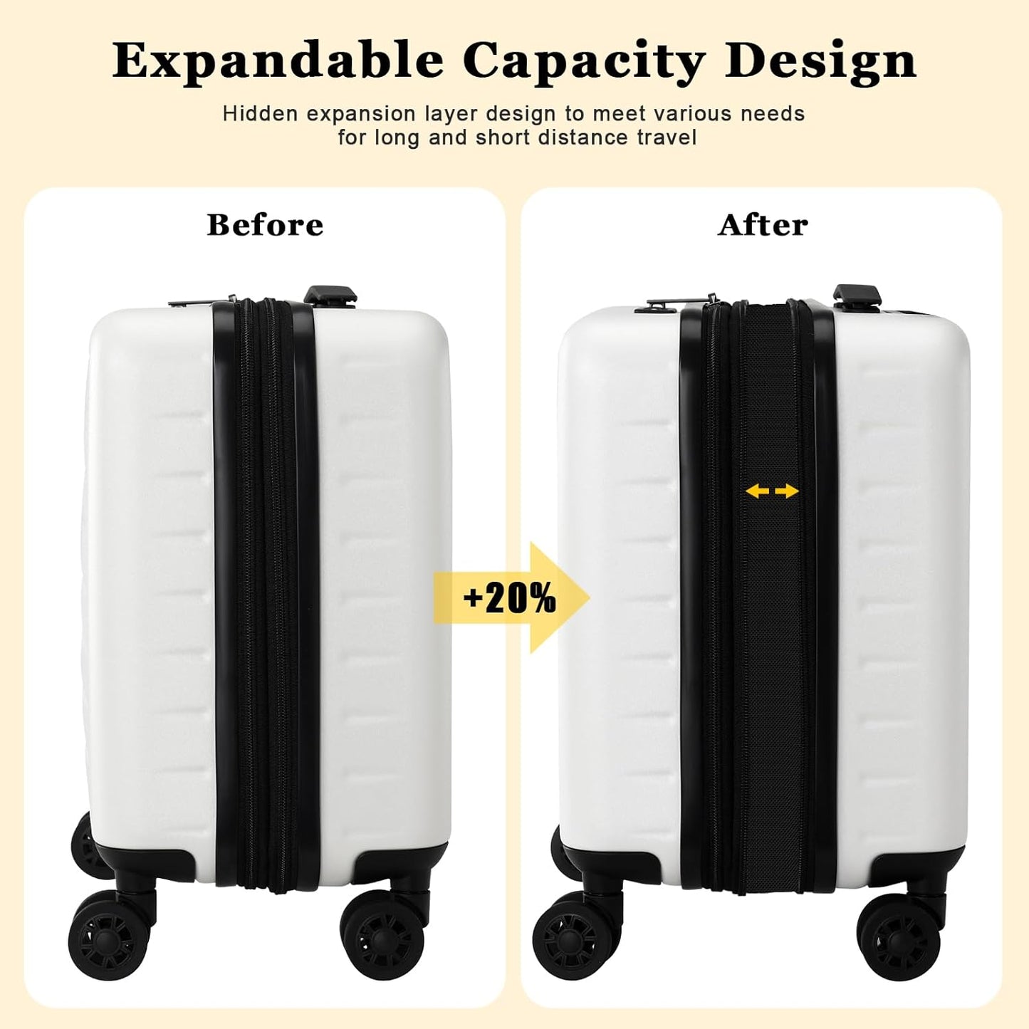 16 Inch Carry On Luggage Airline Approved, Expandable Lightweight ABS+PC Hard Shell Suitcases with 360° Spinner Wheels, TSA Lock, YKK Zippers (White, 1 PC)