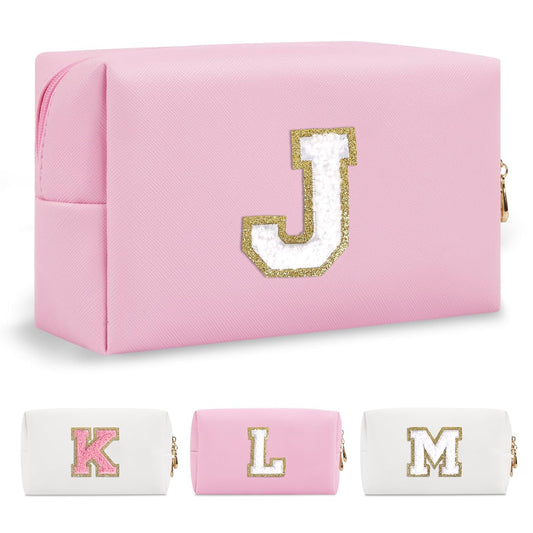 Personalized Initial A-Z Preppy Patch Makeup Bag,Small PU Chenille Letter Cosmetic Bag with Zipper for Teen Girls,Pink Cute Toiletry Organizer Bag,Monogram Makeup Case Gift for Women Girls,Letter J