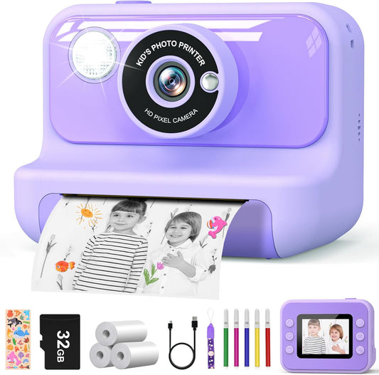 Kids Camera Instant Print, Christmas Birthday Gifts for Girls and Boys, 1080P HD Video Digital Kids Camera with 32G Card, Toddler Camera for 3-12 Years Old, Purple