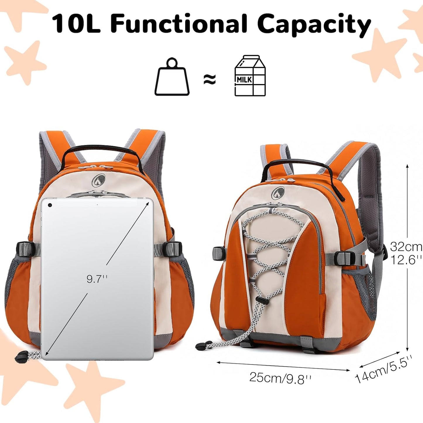 10L Orange Mini Kids Hiking Backpack with Chest Strap for Girls Boys, Small Hiking Daypack with Padded Straps for Men Women