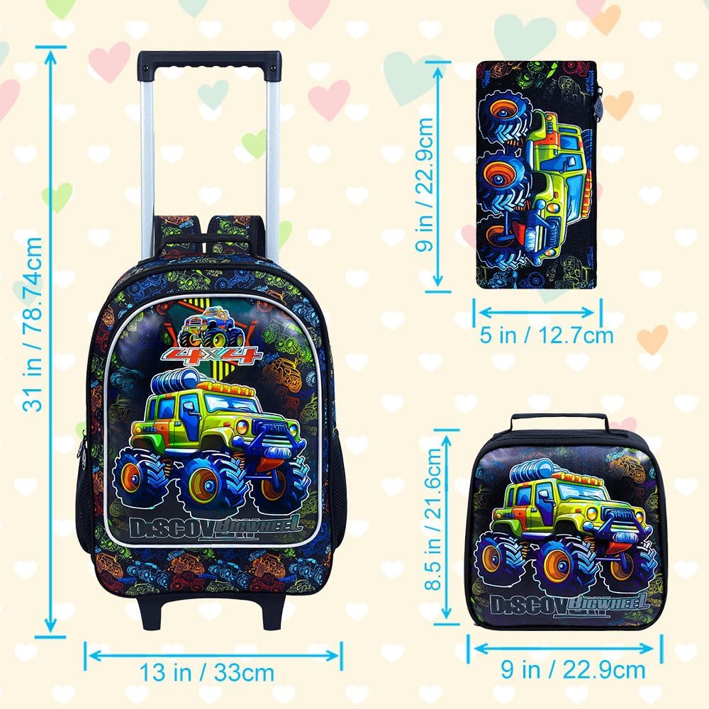 3PCS Rolling Backpack for Girls and Boys, Kids Roller Wheels Bookbag, Wheeled Elementary School Bag with Lunch Bag