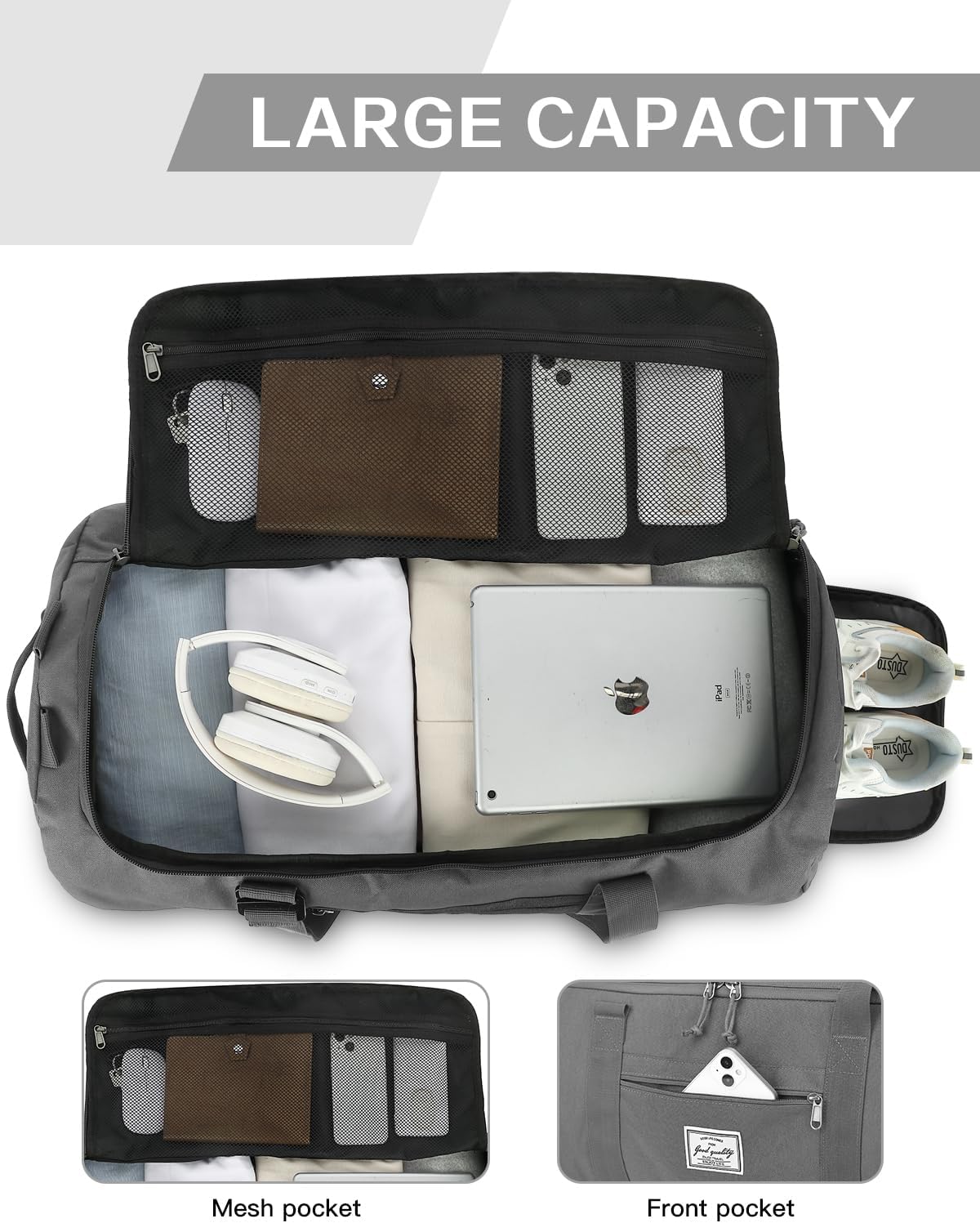 60L Large Gym Duffle Bag with Separate Shoe Compartment, Waterproof & Durable Duffel Bag for Men and Women - Convertible Backpack Design, Grey