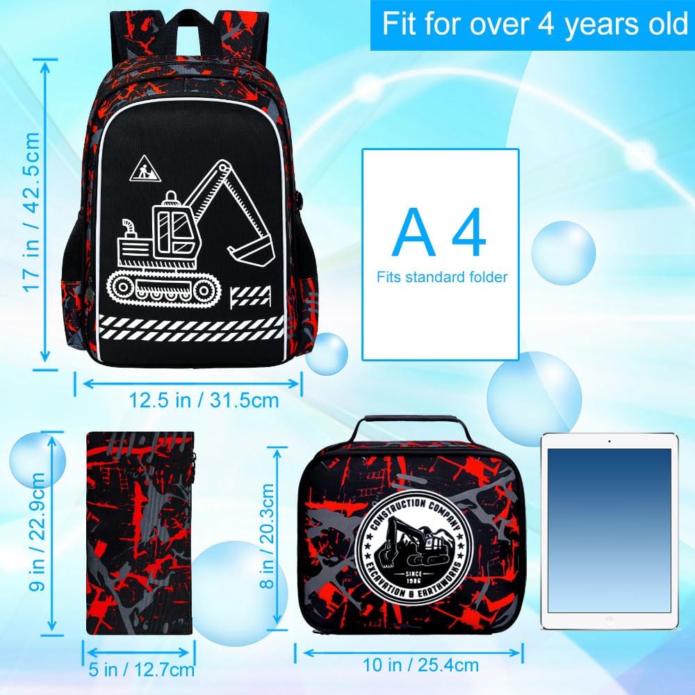 17 Inches Glow in The Dark Excavator Backpack for Boys, 3Pcs Digger School Bookbag Set for Teens, Laptop Backpacks with Lunch Bag(Red)