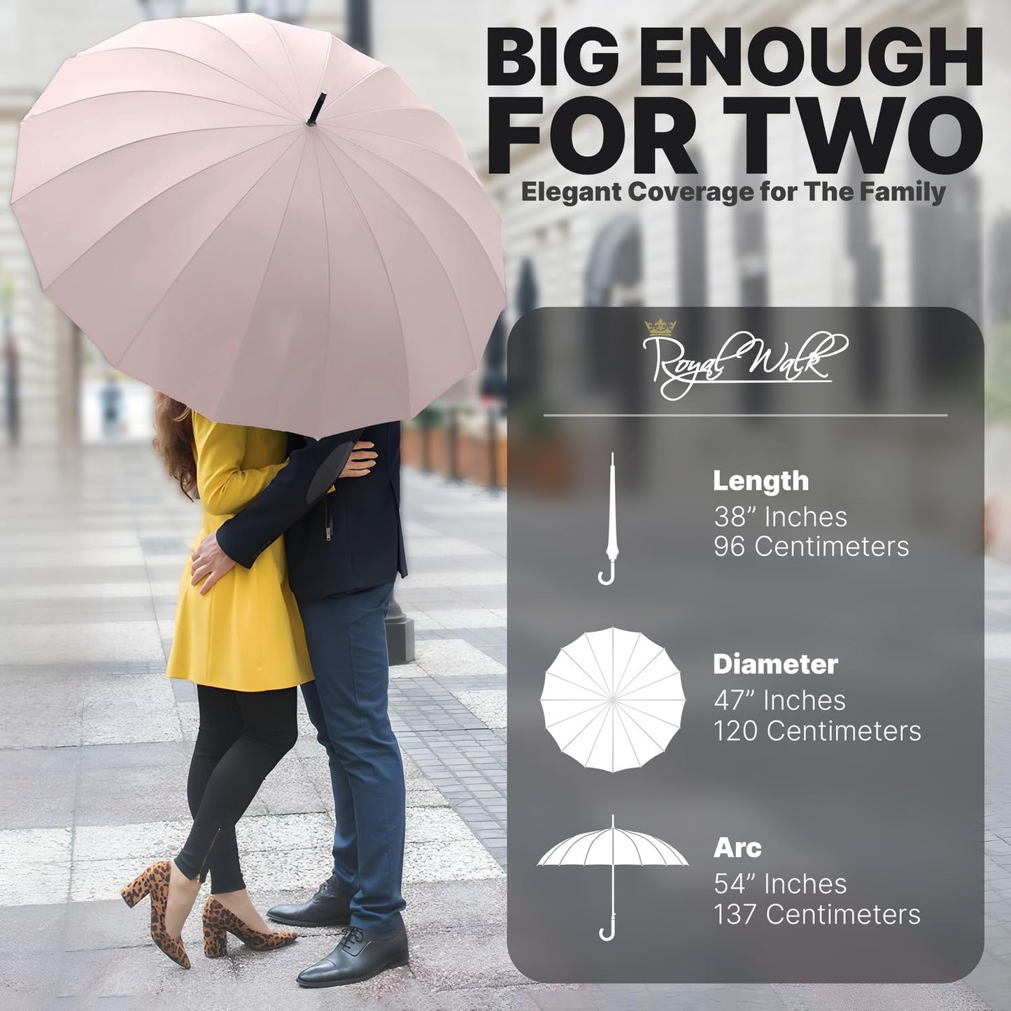 Royal Walk Windproof Large Umbrella for Rain 54 Inch Automatic Open for 2 Persons Wind Resistant Big Golf Umbrellas for Adult Men Women Classic Wooden Handle Fast Drying Strong 16 Ribs Travel 120cm