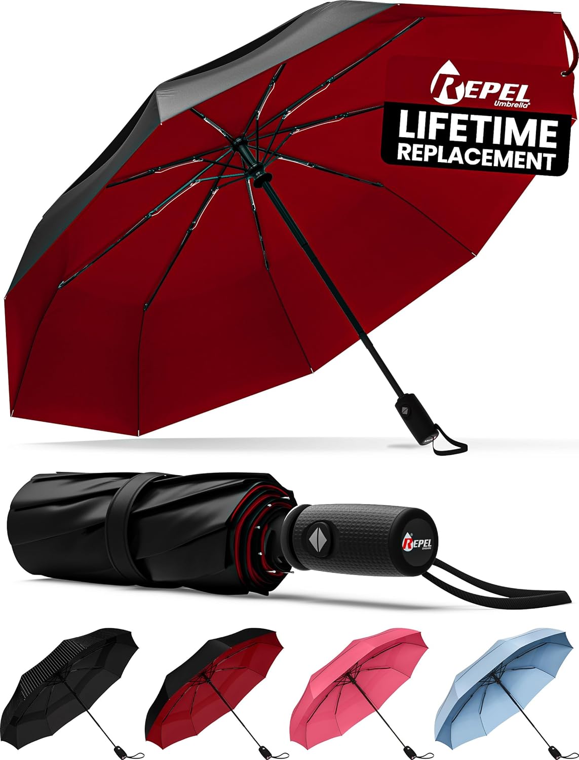 REPEL Windproof Travel Umbrella - Compact & Withstands Winds up to 85MPH , Strongest Premium Auto Folding Umbrella for Rain and Sun - Durable, Light & Portable for Women & Men , Fits Backpack & Cars