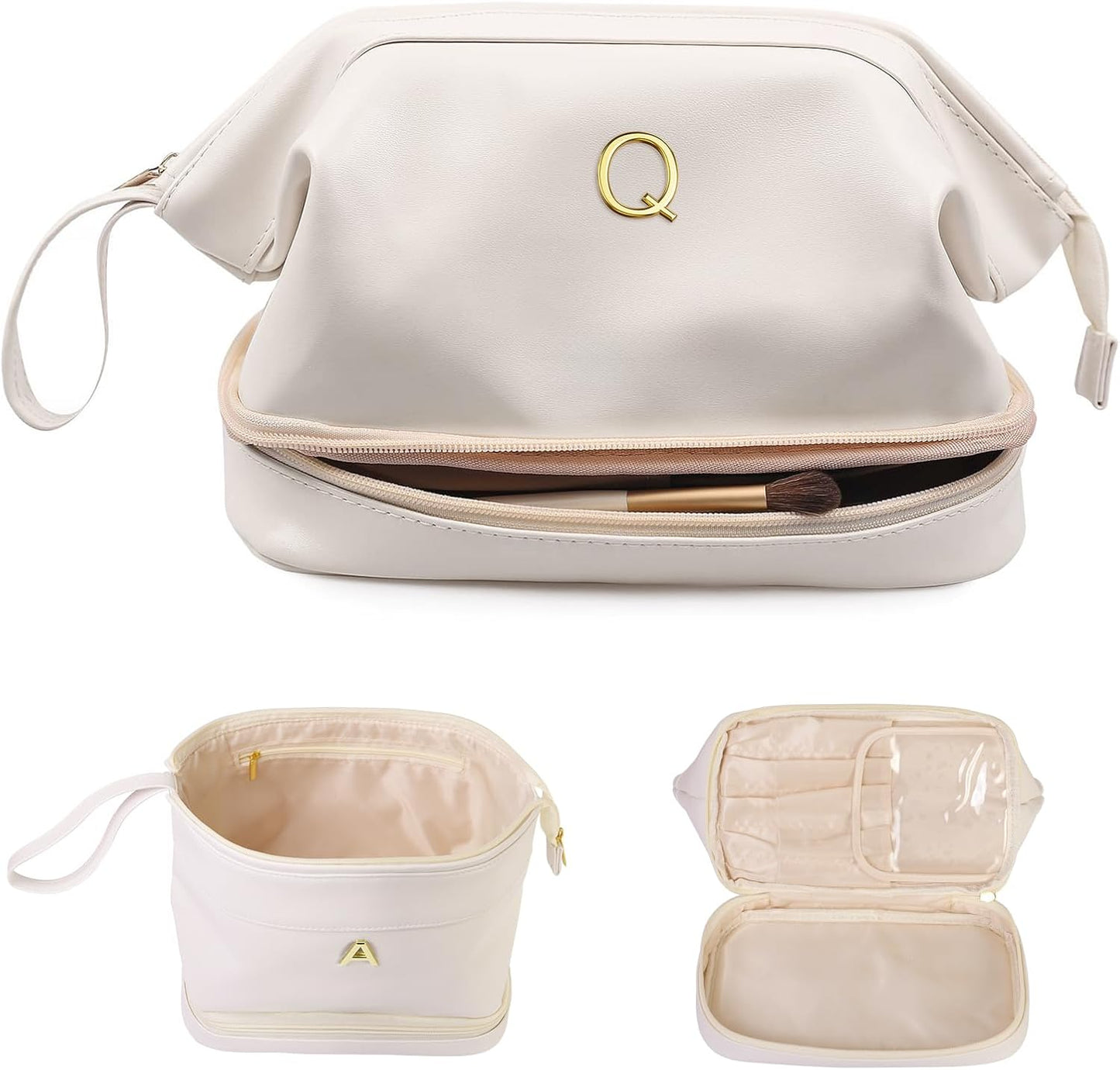 Bridesmaid Gift, Initial Makeup Bags, Personalized Double Layer Cosmetic Bag with Makeup Brush Organizer, Waterproof, Large Capacity PU Leather Travel Toiletry Bag