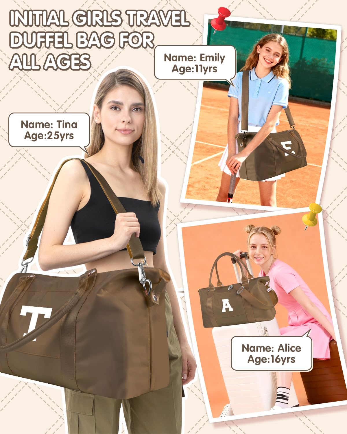 Birthday Graduation Gifts for Daughter,Initial Travel Duffel Bag Sports Gym Bag for Girls Teen Kids Birthday Gifts,Personalized Weekender Bag Carry On Tote Bags Cute Overnight Bag for Women(Brown, M)