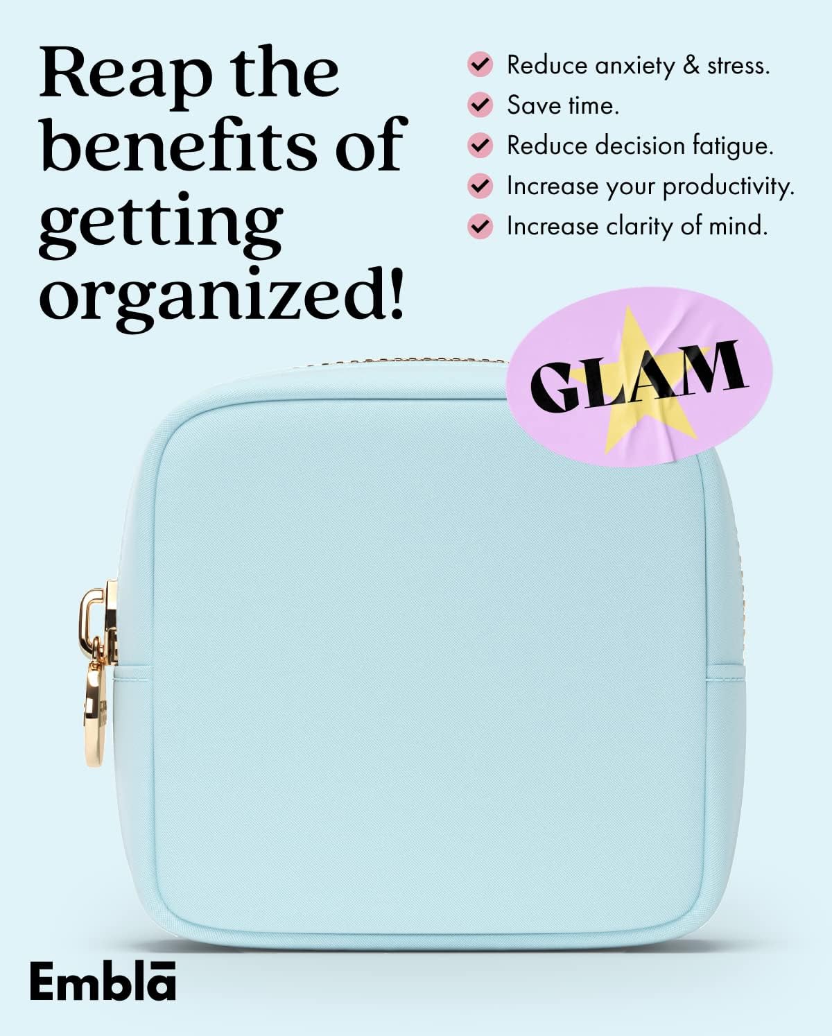 Embla Makeup Bag Travel Cosmetics Pouch and Toiletry Bag, Nylon Zipper Pouch Purse, Cute Make Up Organizer Storage Tote for Women Girls, Waterproof Travel Skincare Case, Small Makeup Bags, Sky Blue