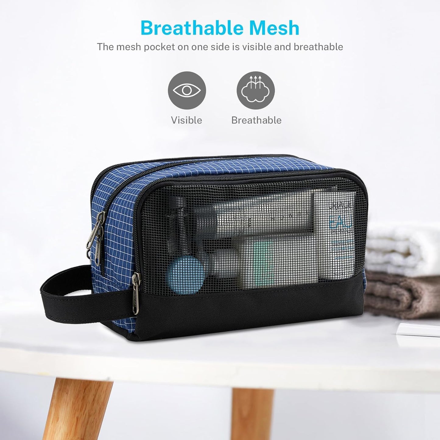 Gonex Travel Toiletry Bag Nylon, Shaving Bag Toiletry Organizer Check Patten (Navy Blue)