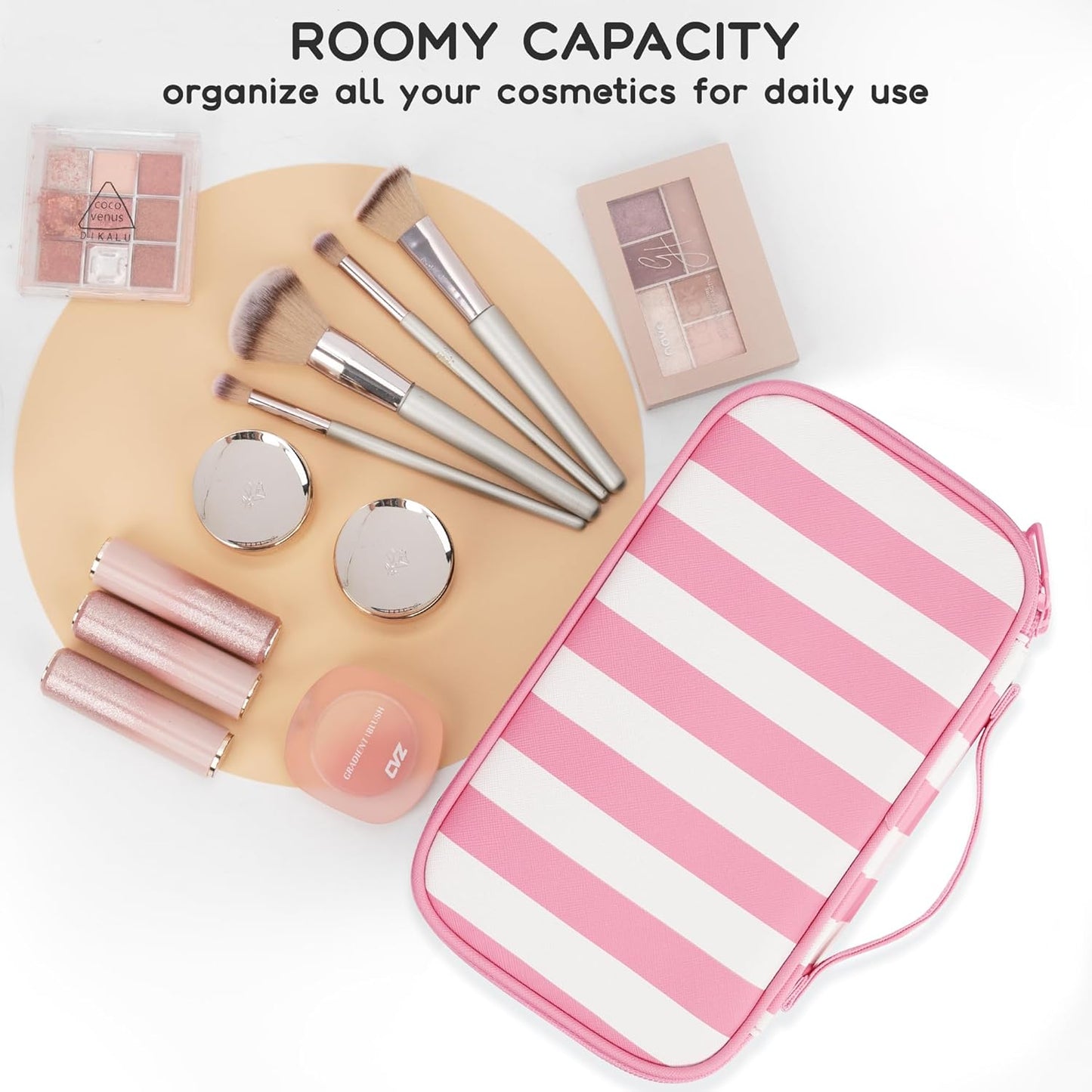 Relavel Travel Makeup Bag, Small Floral Cosmetic Bag with Makeup Brush Compartment, Portable Makeup Pouch for Women, Double Layer Makeup Organizer Bag Cute Toiletry Bag, Wide Strip