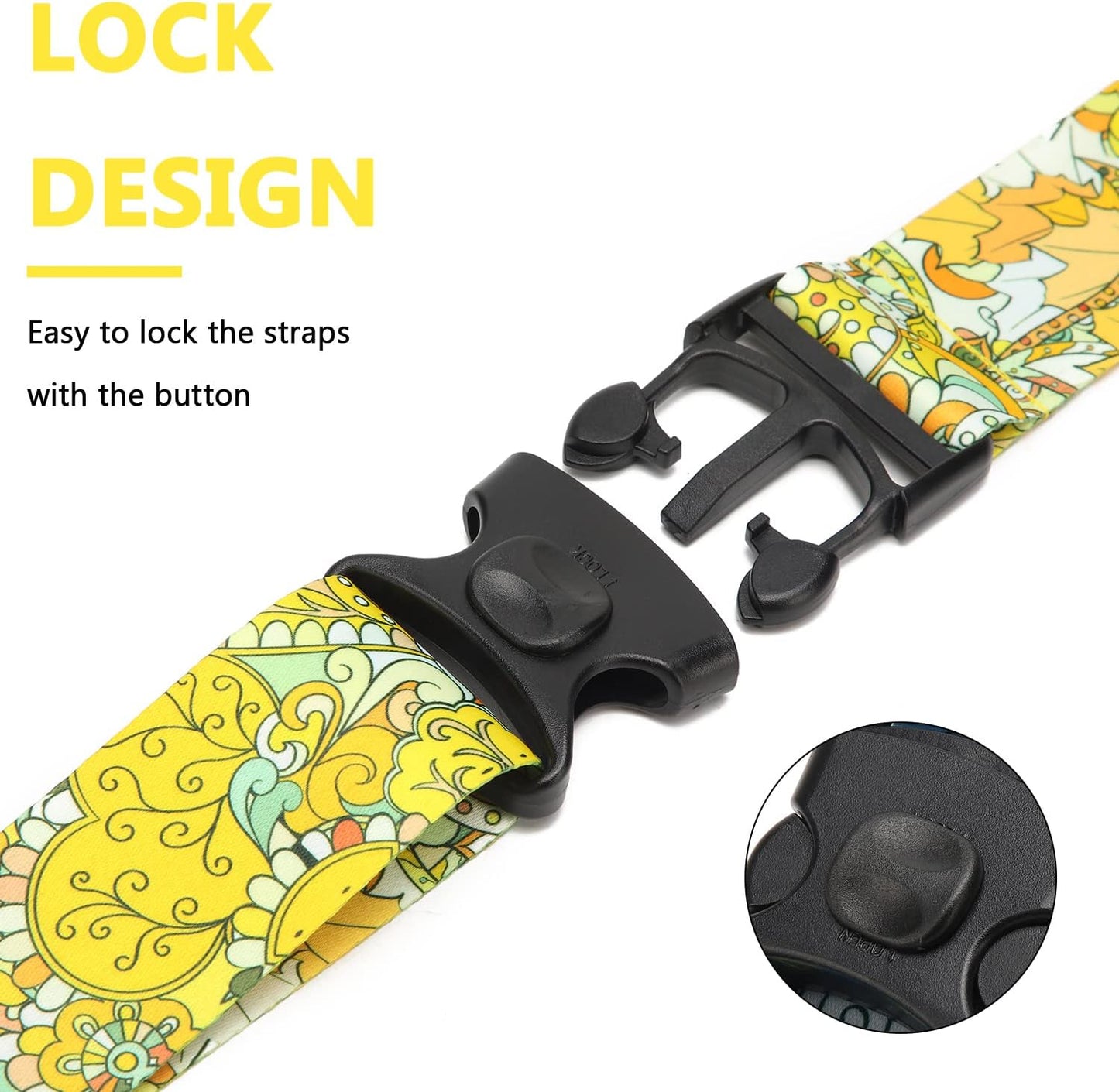 2 Pack 75'' x 2'' Adjustable Luggage Straps for Suitcase Belt Travel Bag Packing Straps Accessories (Yellow Flower)
