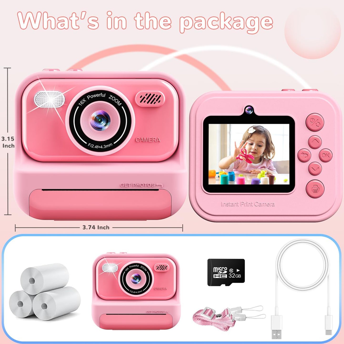 Instant Print Camera for Kids,2.4 Inch Screen Kids Digital Cameras, Christmas Birthday Gifts for Girls Age 3-12, Portable Toddler Travel Toy for 3 4 5 6 7 8 9 10 Year Old Girls Boys