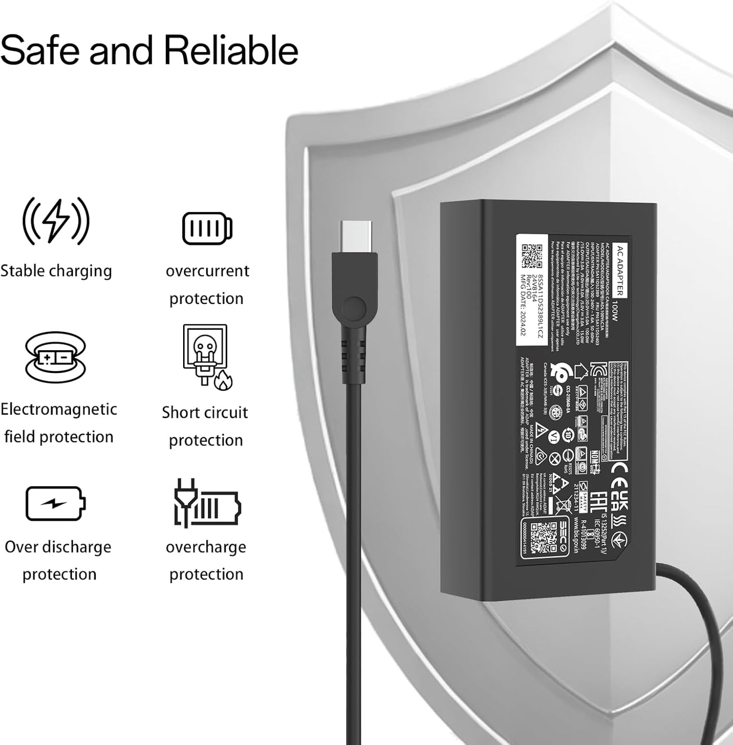 100W 20V 5A Type C Charger Fit For Lenovo ThinkPad X1 Tablet T14 T16 16s P14s L14 L15 IdeaPad Slim 5 7 IdeaPad Yoga Yoga Pro 7 9 Series Compatible with HP Dell Samsung Galaxy Z series USB C AC Adapter