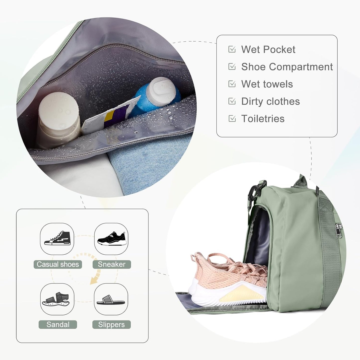 Gym Bags for Women Men with Shoes Compartment,Sports Duffle Bags Personal item travel Duffel Tote Bag Small Carry on Weekender Overnight Bag Workout Dance Bags Hospital Holdalls Grey Green