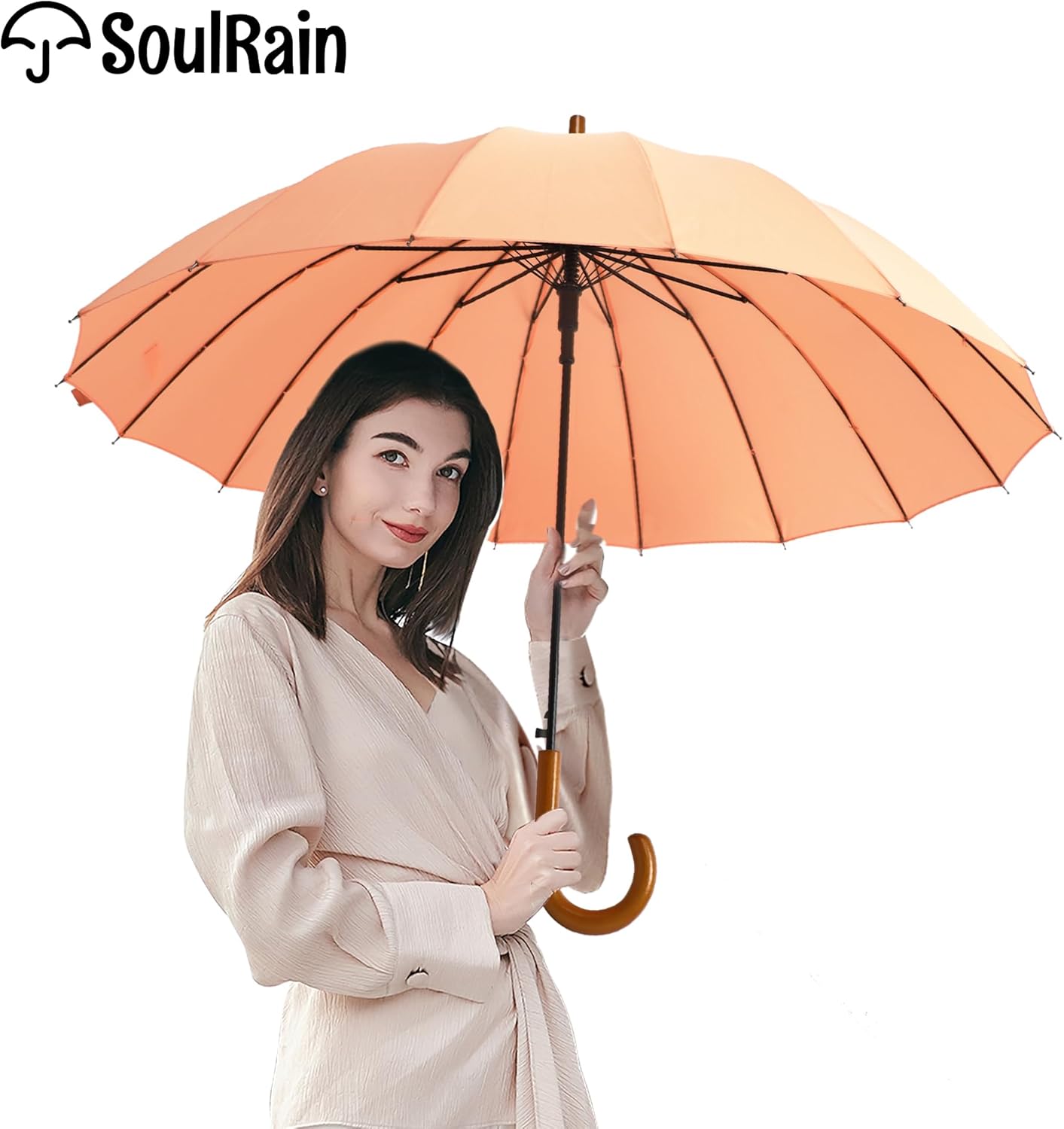 SoulRain 16 Ribs 48" Stick Umbrella Auto Open Solid Color Fashionable and Simple，Arc Classic Wood Handle，Windproof Unbreakable Stick Rain Umbrella