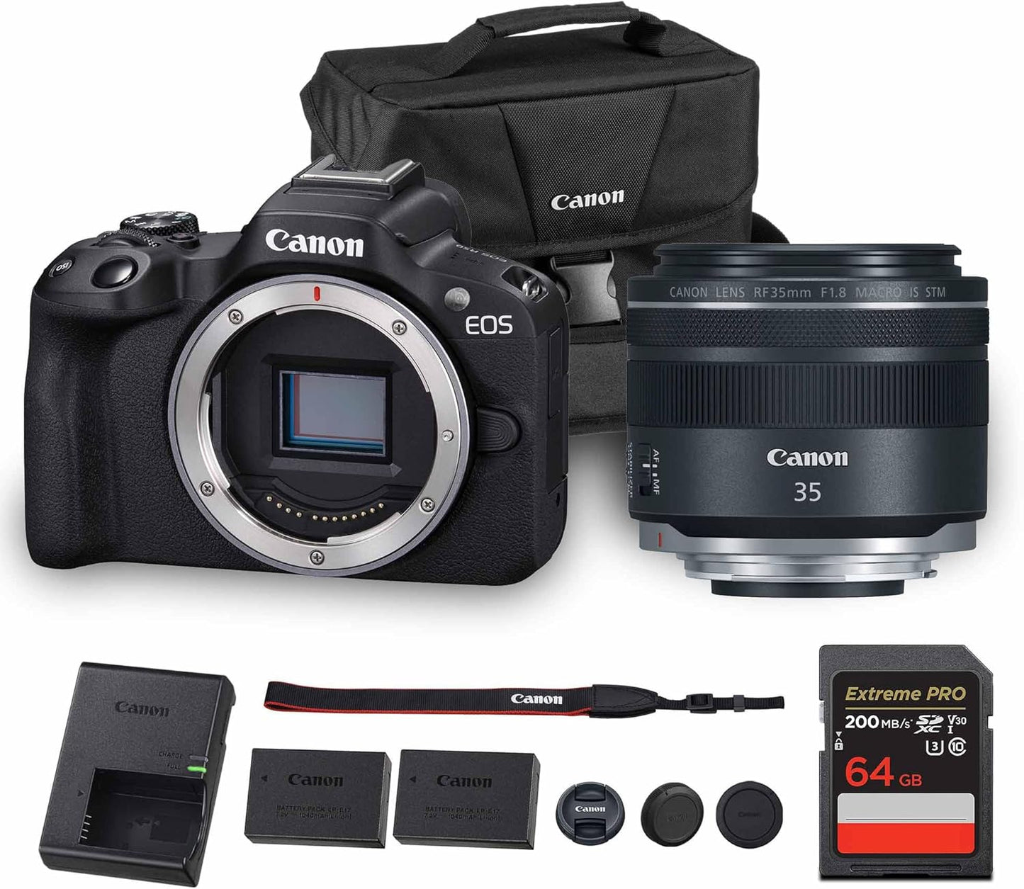 Canon EOS R50 Mirrorless Camera | 24.2MP APS-C, 4K 30p Video, Dual Pixel AF II, 15fps Burst, Vari-Angle Screen, Compact Beginner Vlogging Camera (5811C002) + Canon RF 35mm Lens + 64GB Card + More