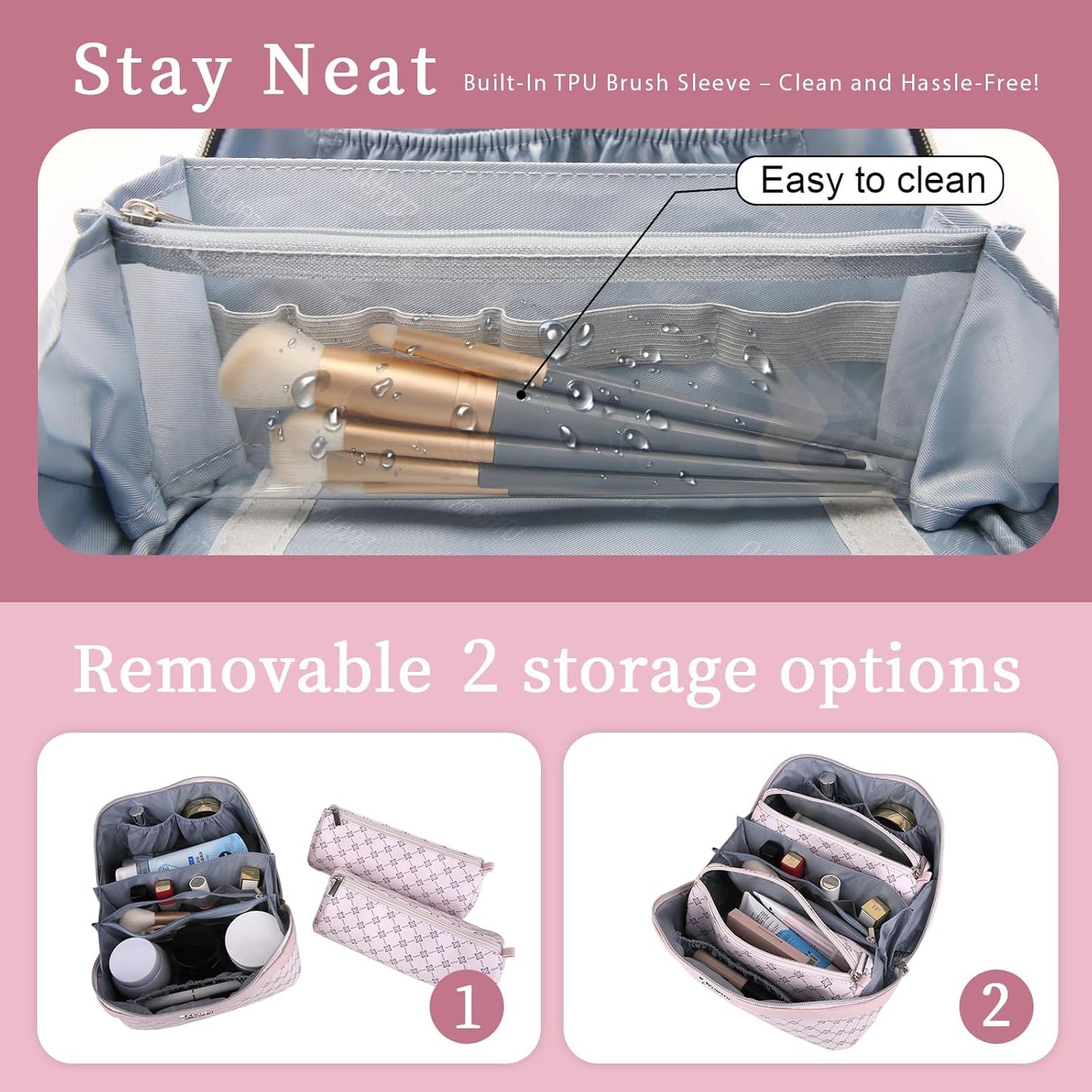 BOYATU Travel Makeup Bag Cosmetic Bags for Women: 3 Pcs Set Portable Make up Bag with Handle - Vegan Leather Toiletry Bags with Compartments - Makeup Organizer for Travel Essentials(A-2-Pink)