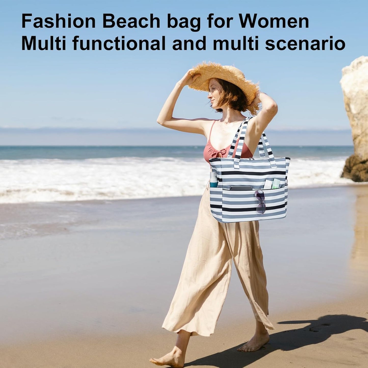 LEDAOU Beach Bag Waterproof Sandproof Women Tote Bag Pool Bag with Zipper for Gym Grocery Travel with Wet Pocket