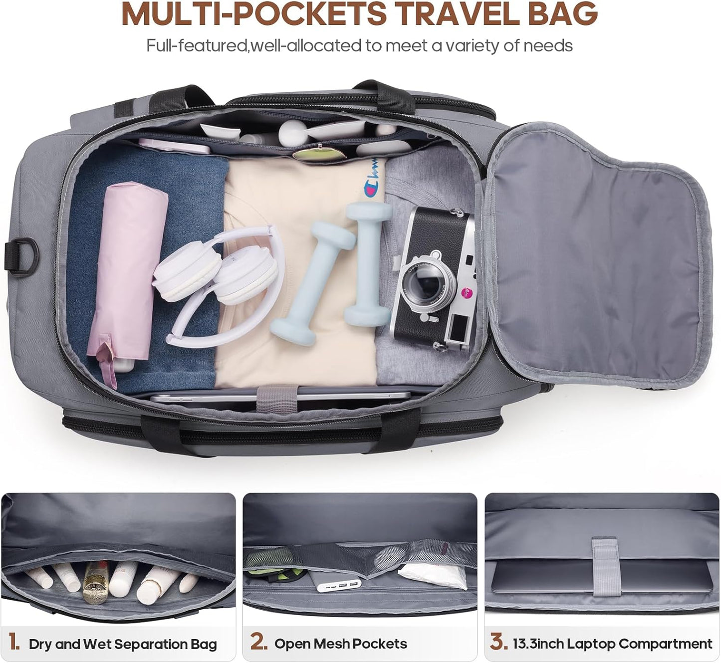 Gym Bag for Men and Women with Shoe & Laptop Compartment, 3-in-1 Sports Travel Duffel Bag Anti-Theft Weekender Carry-On Backpack for Airplane & Workout, Overnight Travel Bag,35L (Dark Grey, Medium)