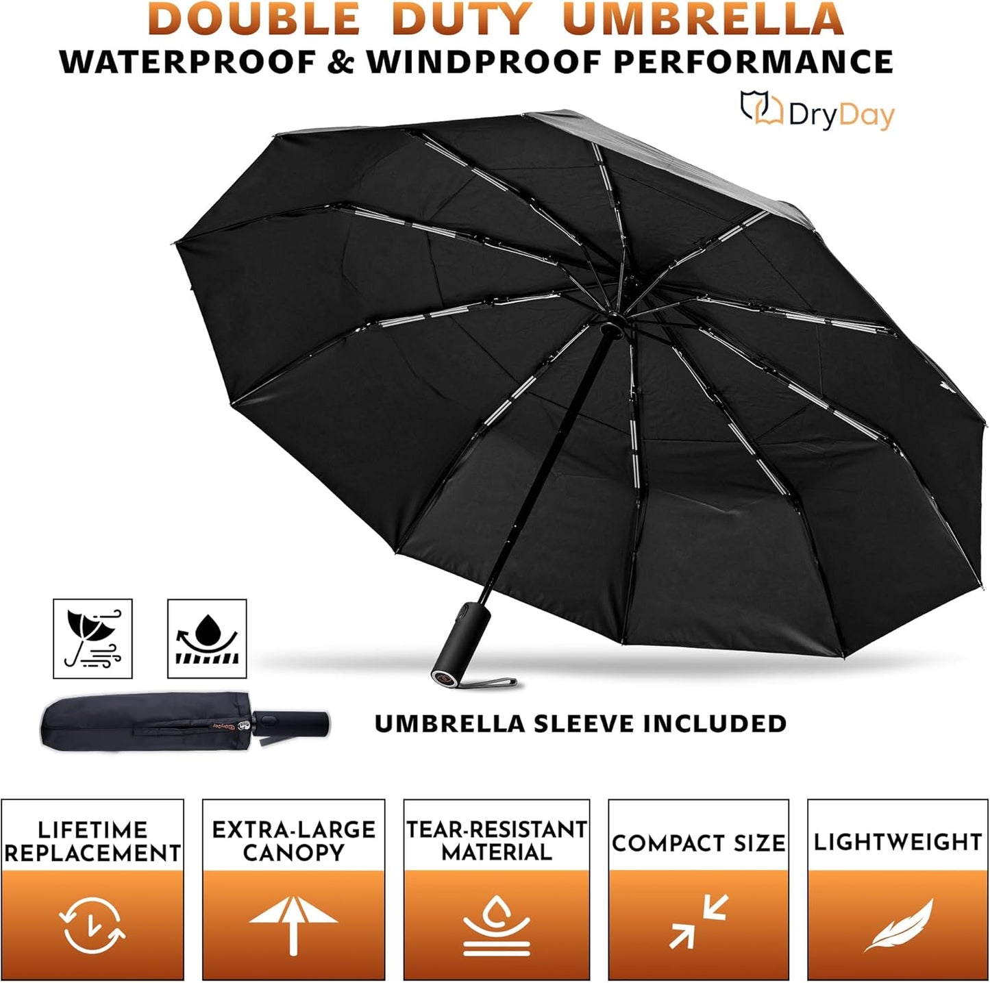 DryDay Travel Umbrellas for Rain - Large Windproof Double Canopy Umbrella, 10 Durable Ribs, Strong Frame, Auto Open Close Ergonomic Handle, Compact Waterproof Umbrella for Women & Men