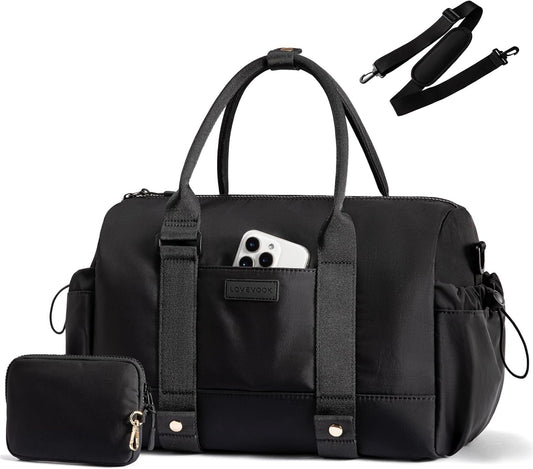 LOVEVOOK Small Gym Bag for Women with Yoga mat Holder, Mini Duffle Bag for Travel with Wet Pocket, Overnight Personal Item Bags (Black, 14.5 inch-Small-2Pcs)