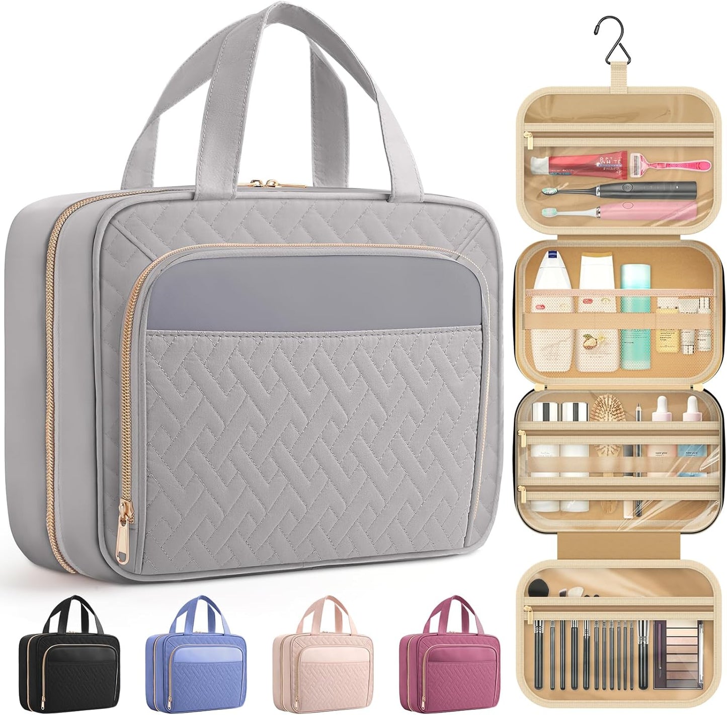 HOTOR Travel Toiletry Bag for Women & Men, Waterproof Makeup Bag with Hanging Hook and Multiple Pockets, Cosmetic Bags for Women, Travel Essentials, 11.2'' x 3.2'' x 8.9'', Grey