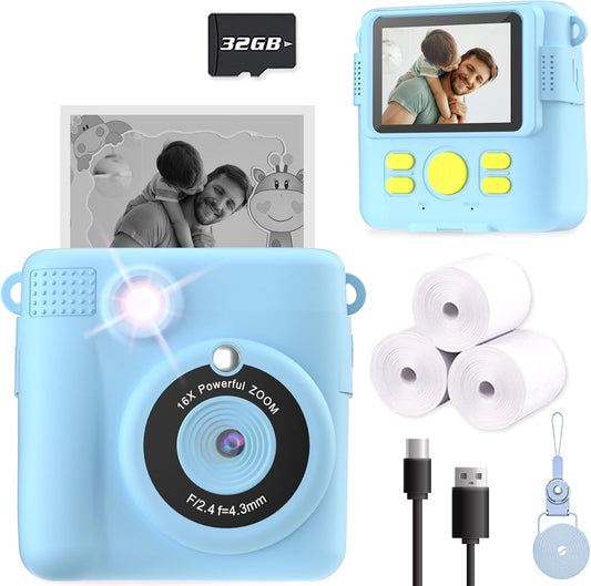 Kids Camera Instant Print, Christmas Birthday Gifts for Kids Age 3-12, Selfie Digital Camera with 1080P Videos,Toddler Portable Travel Toy for 4 5 6 7 8 9 Year Old Boys Girls-Blue