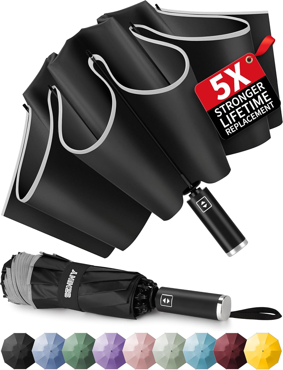 Seniny Inverted Travel Umbrella, Automatic Umbrellas for Rain, Windproof Compact Umbrella with Reflective Stripe, Folding UV Umbrella Sun Umbrella, Portable Large Umbrella for Backpack, Lightweight