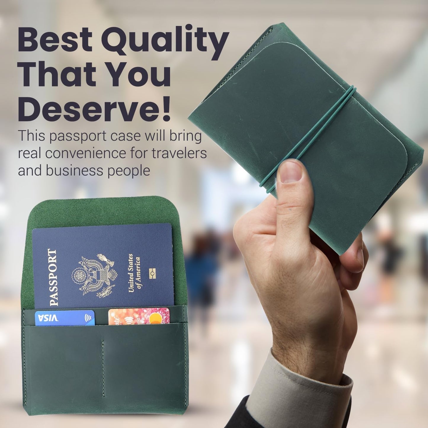 Leather Passport Holder with Travel Wallet, Genuine Leather Passport Cover- Passport Wallet, Leather Folding Wallet for Passports (Strap, Green)