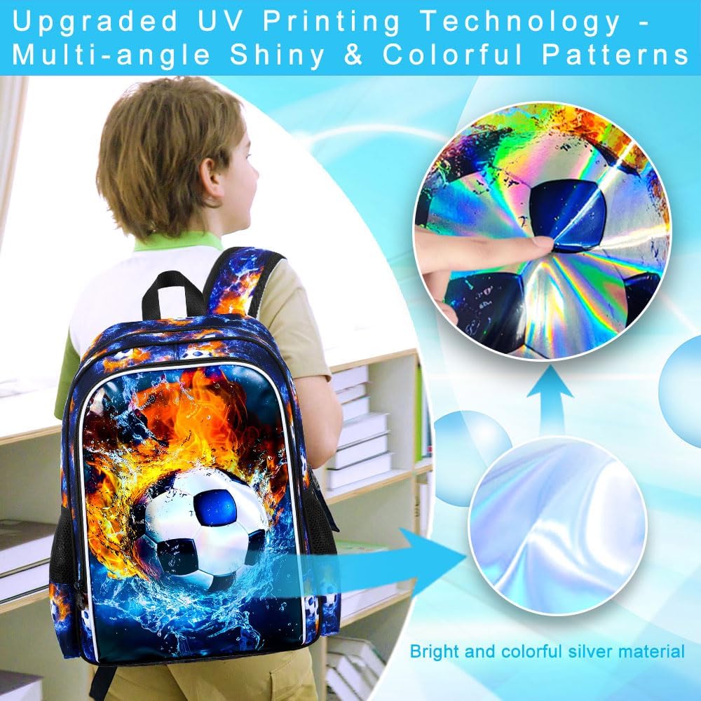 17" Soccer Backpack for Boys, Kids Bookbag with Lunch Box, 3Pcs Football School Backpacks for Elementary Preschool Kindergarten (Fire and Ice)