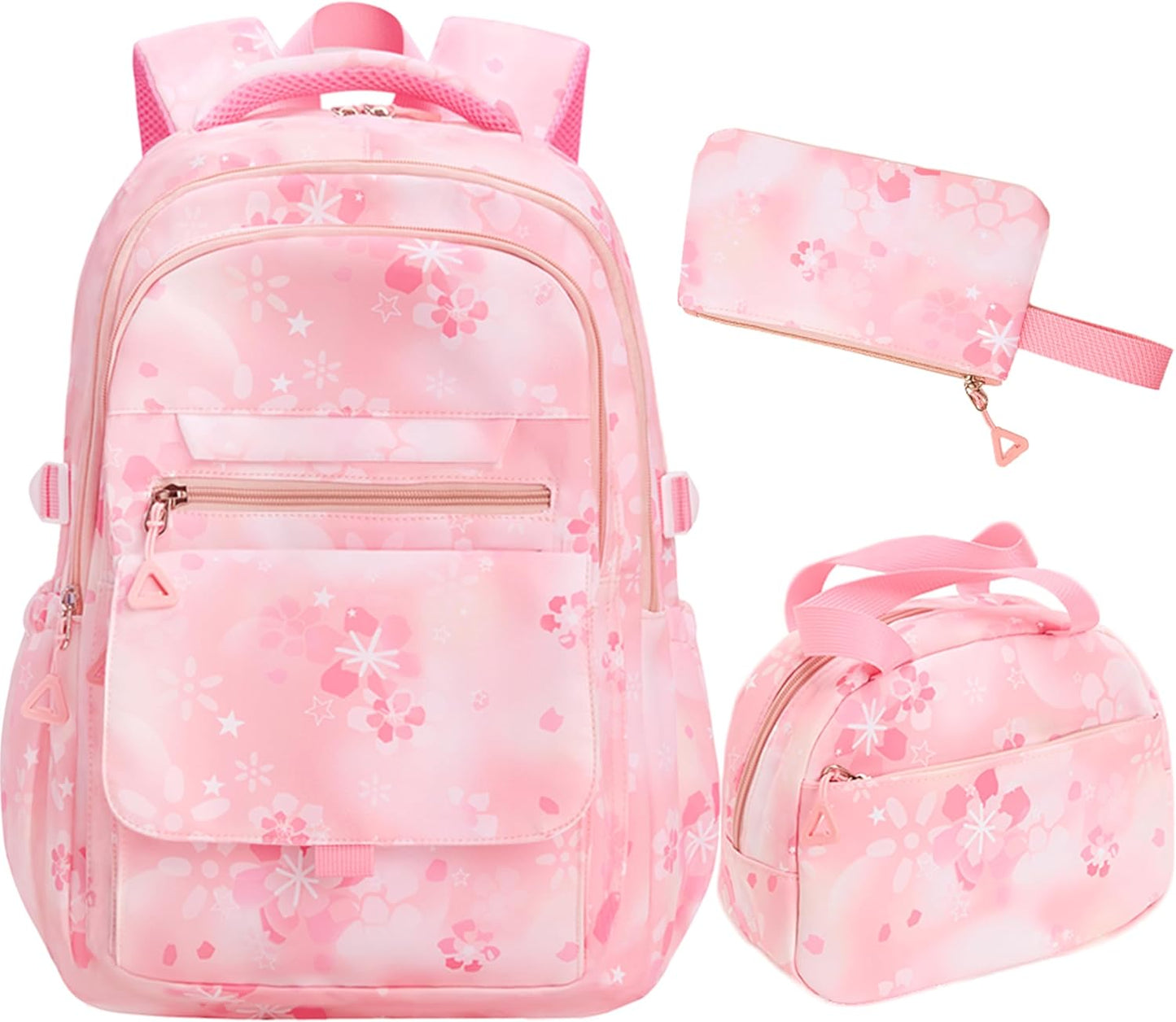 Kids Backpack for Girls Flower schoolbag with Lunch Bag & Pen Case Waterproof Girl Bookbag for Elementary school(pink)