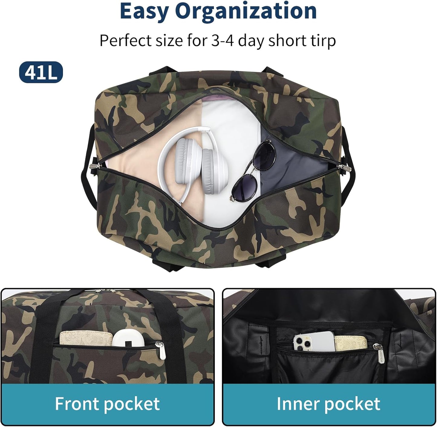 21 inch Gym Bag for Men - 40L Travel Duffel Bag Sport Duffle Bags for Weekend Overnight with Bottom Support (Camouflage)