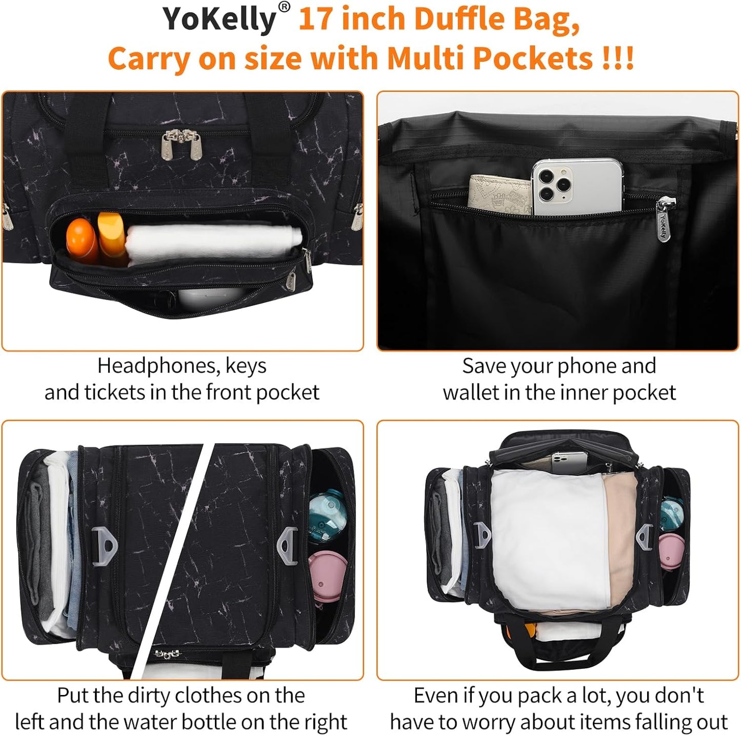 17 inch Small Duffle Bag - Carry On Weekender Bag for Travel Gym Sport - Black Marble